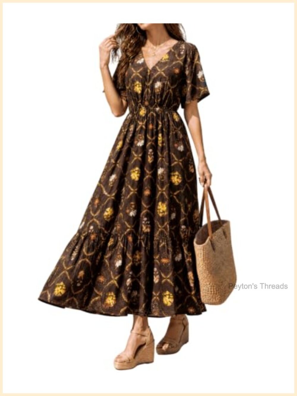 Women's Floral Maxi Dress Short Sleeve V-Neck Flowy A-Line with Pockets